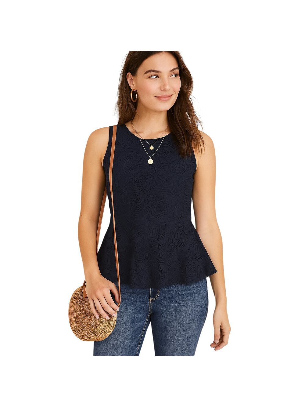Ann Taylor Loft Navy  Sleeveless Crochet Peplum Top Lined Size 0 New With Tags